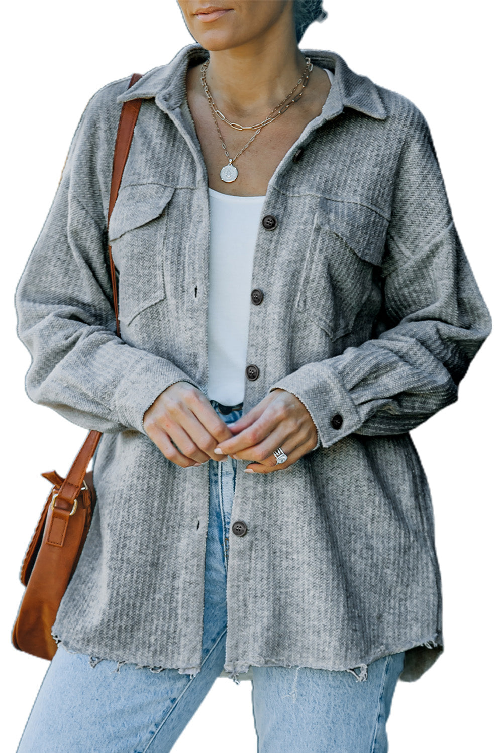 Grey Textured Button Down Pocket Shirt Shacket