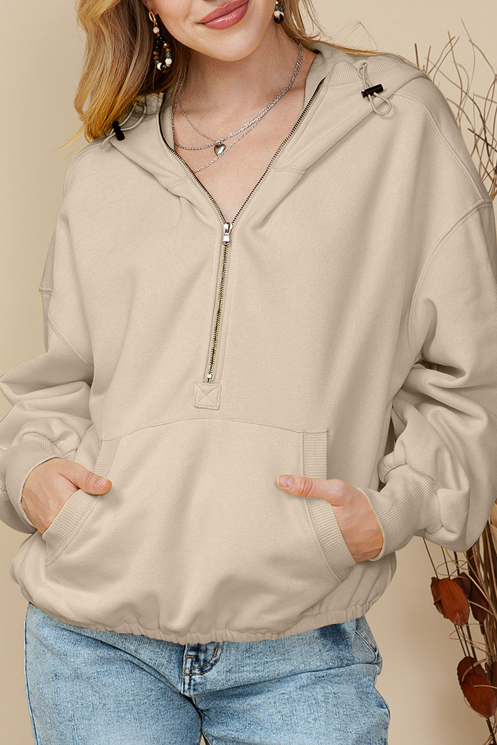 Brown Half Zip Pullover Hoodie with Kangaroo Pocket