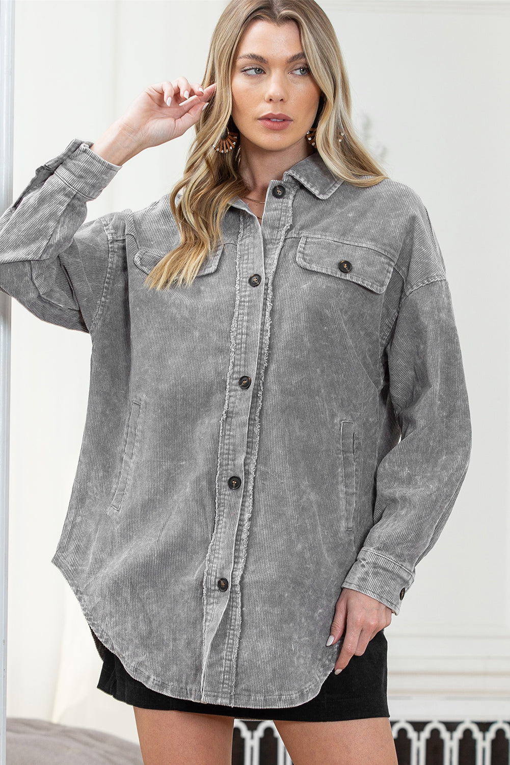 Gray Vintage Distressed Mineral Wash Oversized Shacket