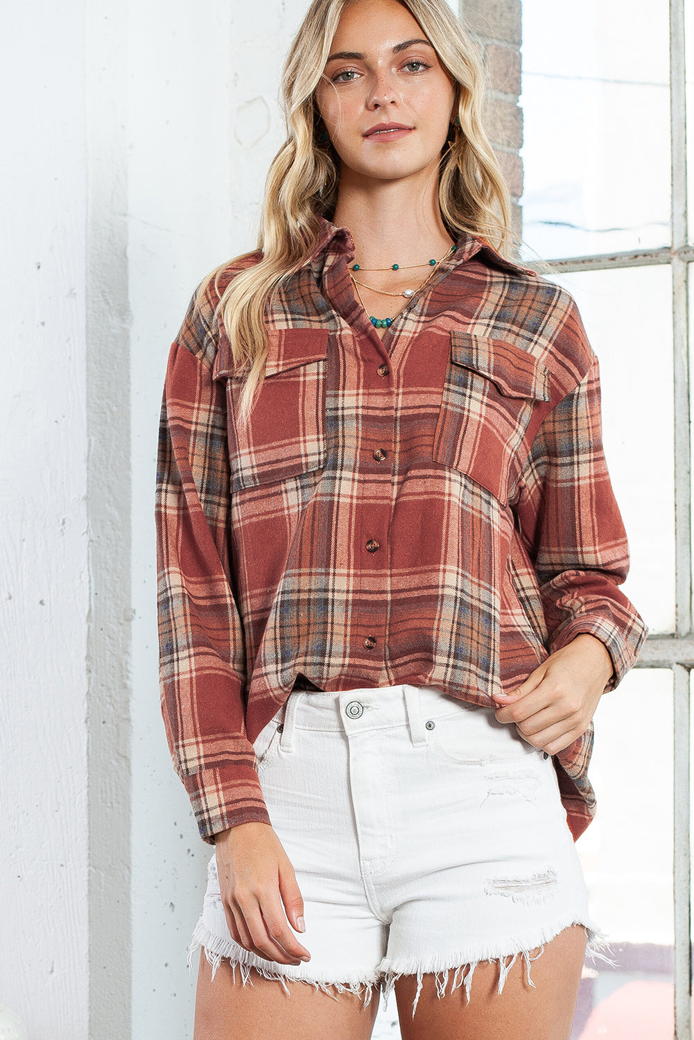 Multicolor Plaid Colorblock Button Up Shacket