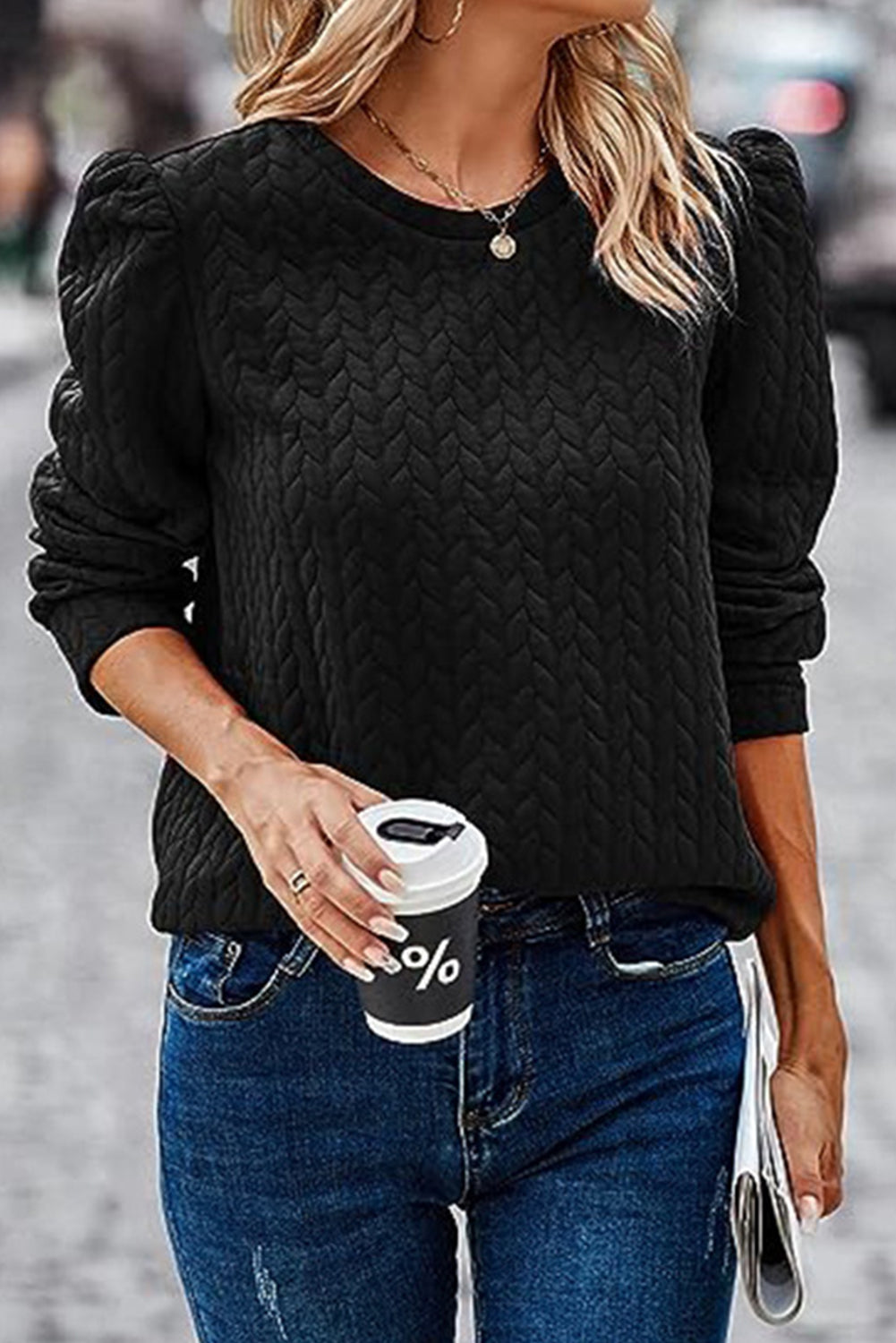 Black Waffle Quilted Puff Sleeve Sweatshirt