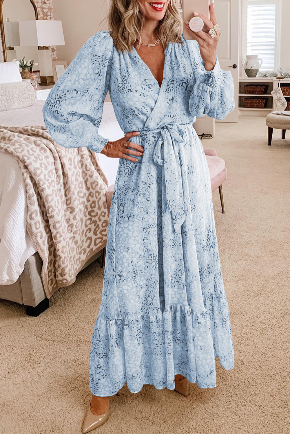 Leopard Surplice V Neck Bubble Sleeve Sash Maxi Dress