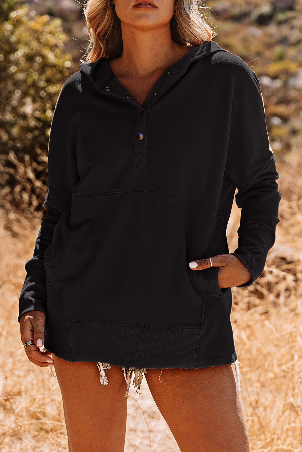 Dark Blue Snap Button Batwing Sleeve Pocket Henley Hoodie