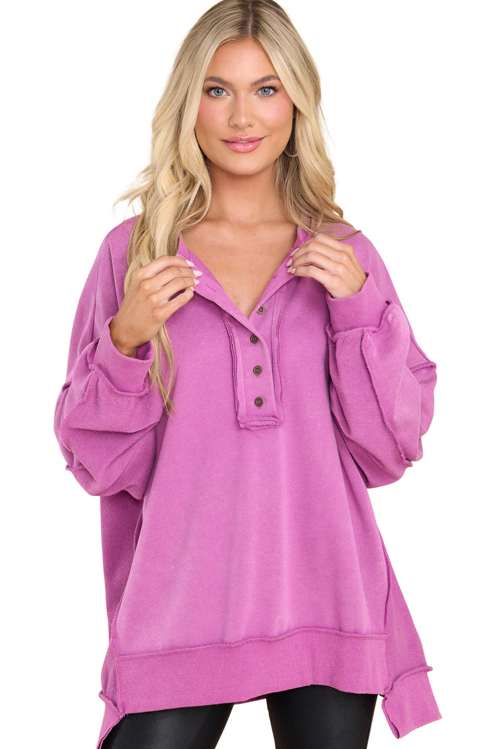 Green Patchwork Exposed Seam Oversized Henley Sweatshirt