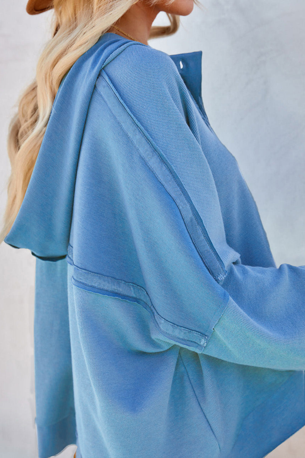 Light Blue Solid Patchwork Button Seam Trim Hoodie