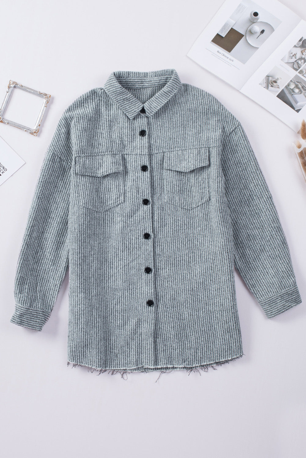 Grey Textured Button Down Pocket Shirt Shacket