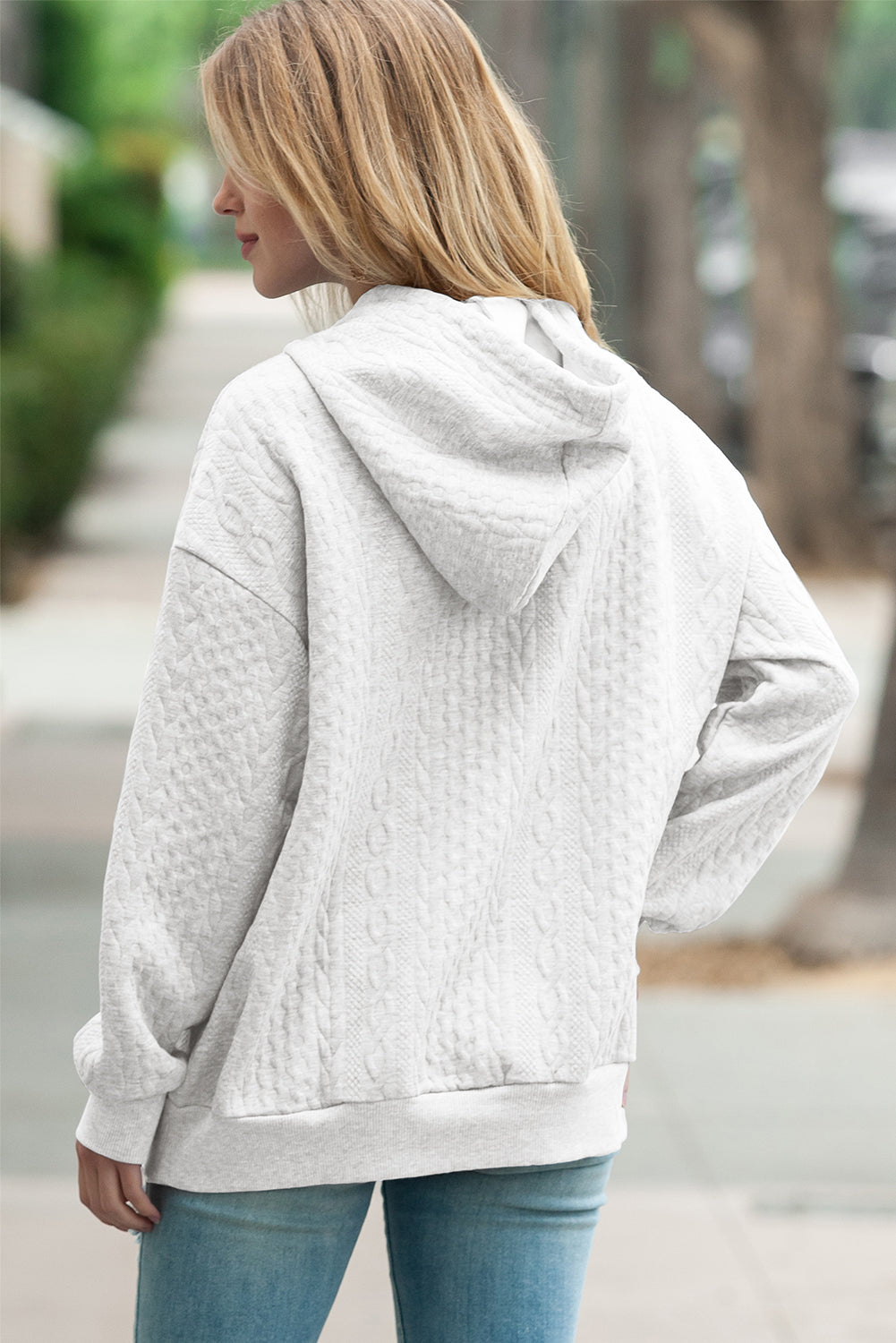 White Cable Textured Casual Drawstring Hoodie