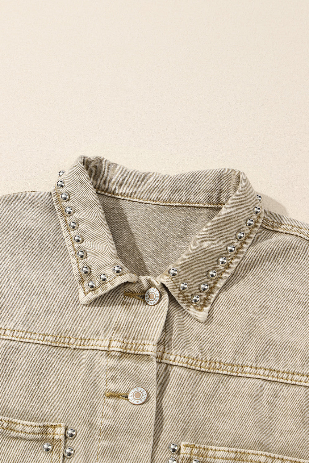 Khaki Rivets Pocketed Cropped Denim Jacket