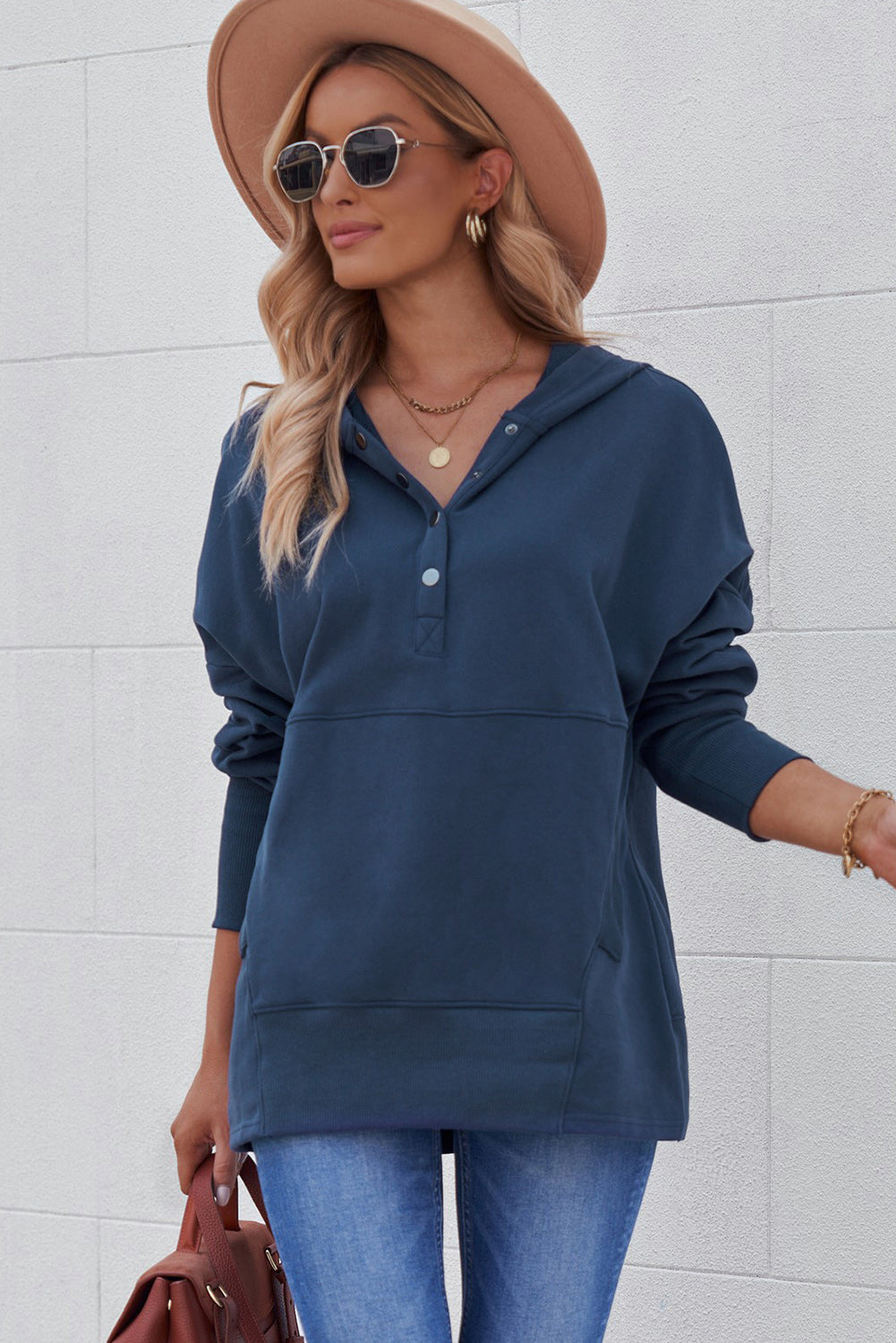 Dark Blue Snap Button Batwing Sleeve Pocket Henley Hoodie