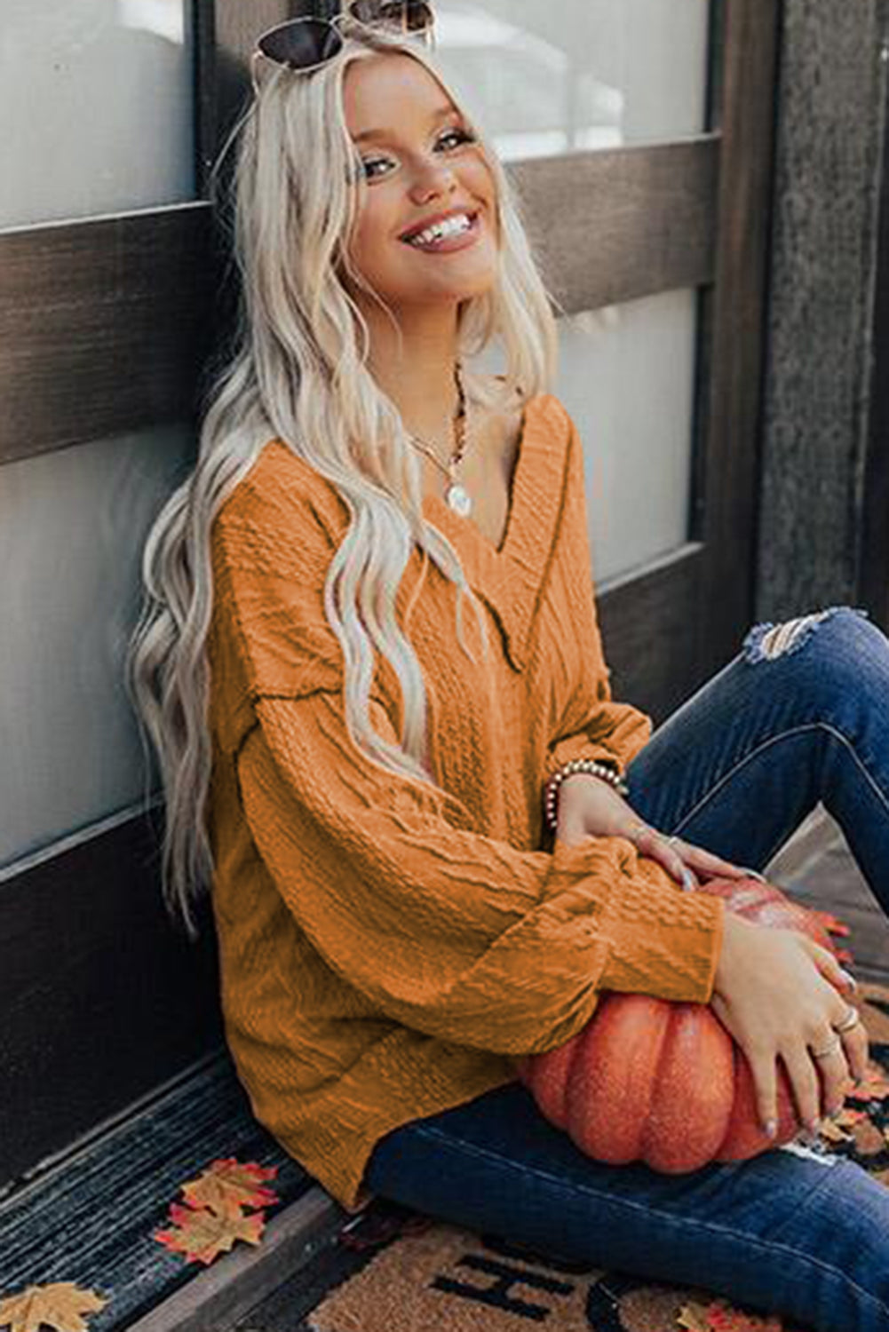 Orange Textured Casual V Neck Bishop Sleeve Top