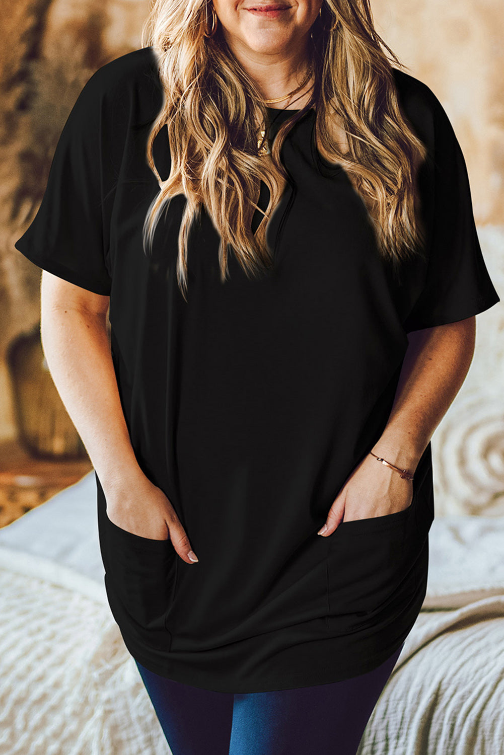 Black Side Pockets Short Sleeve Plus Size T Shirt