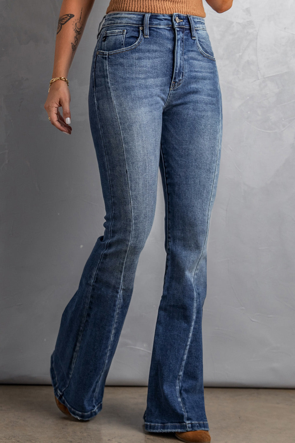 Blue Casual Pockets Chic High Waist Flare Jeans