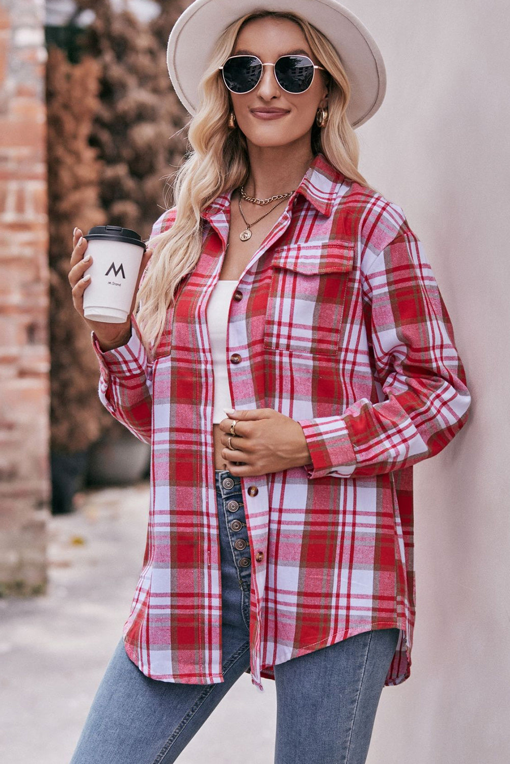 Multicolor Plaid Colorblock Button Up Shacket