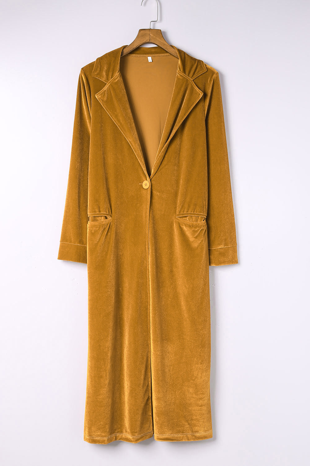 Yellow Casual Velvet Lapel Pocket Long Coat