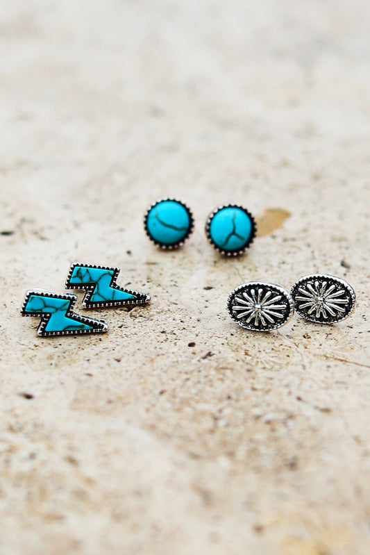 Green 3Pcs Turquoise Floral Stud Earrings Set