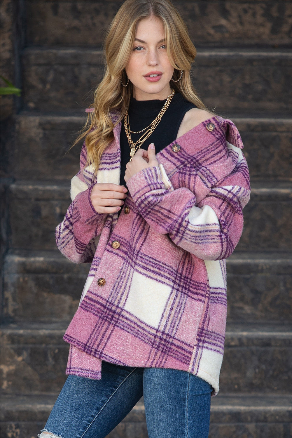 Pink Casual Button Up Plaid Shacket with Pocket