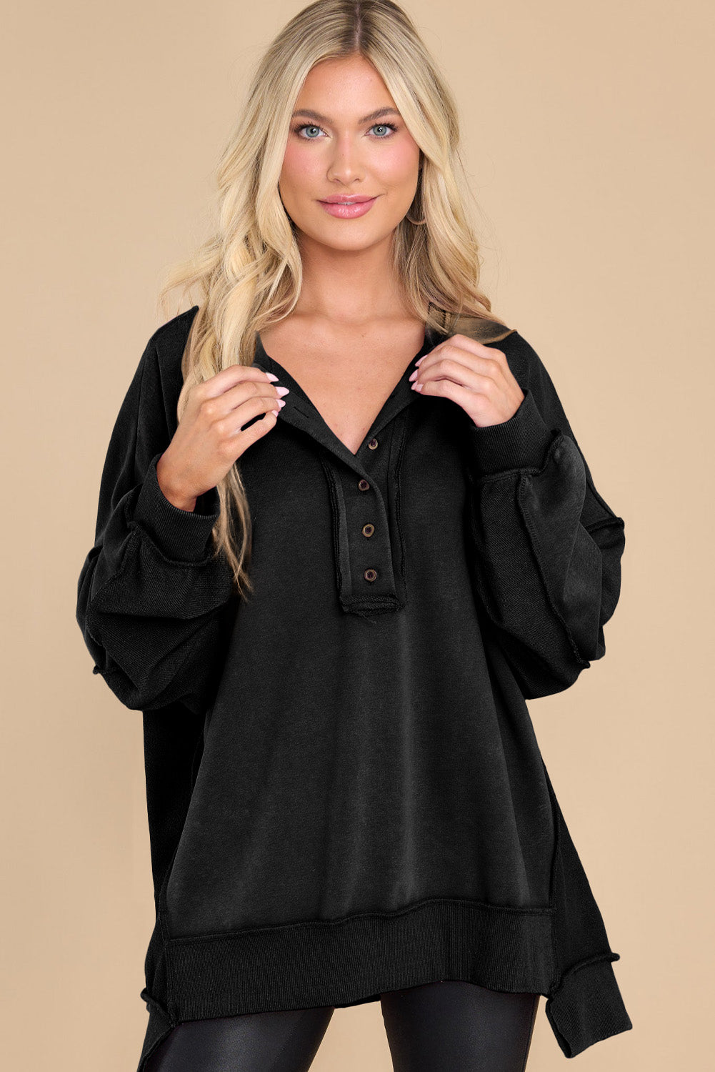 Green Patchwork Exposed Seam Oversized Henley Sweatshirt