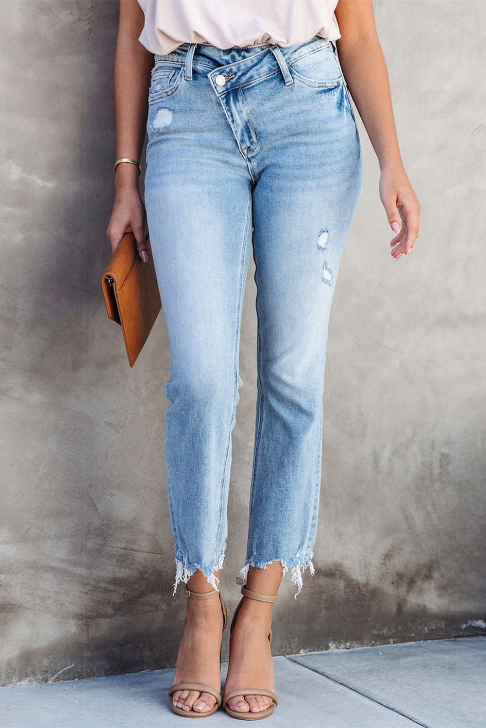 Sky Blue Cross Over Waist Raw Edge Cropped Jeans