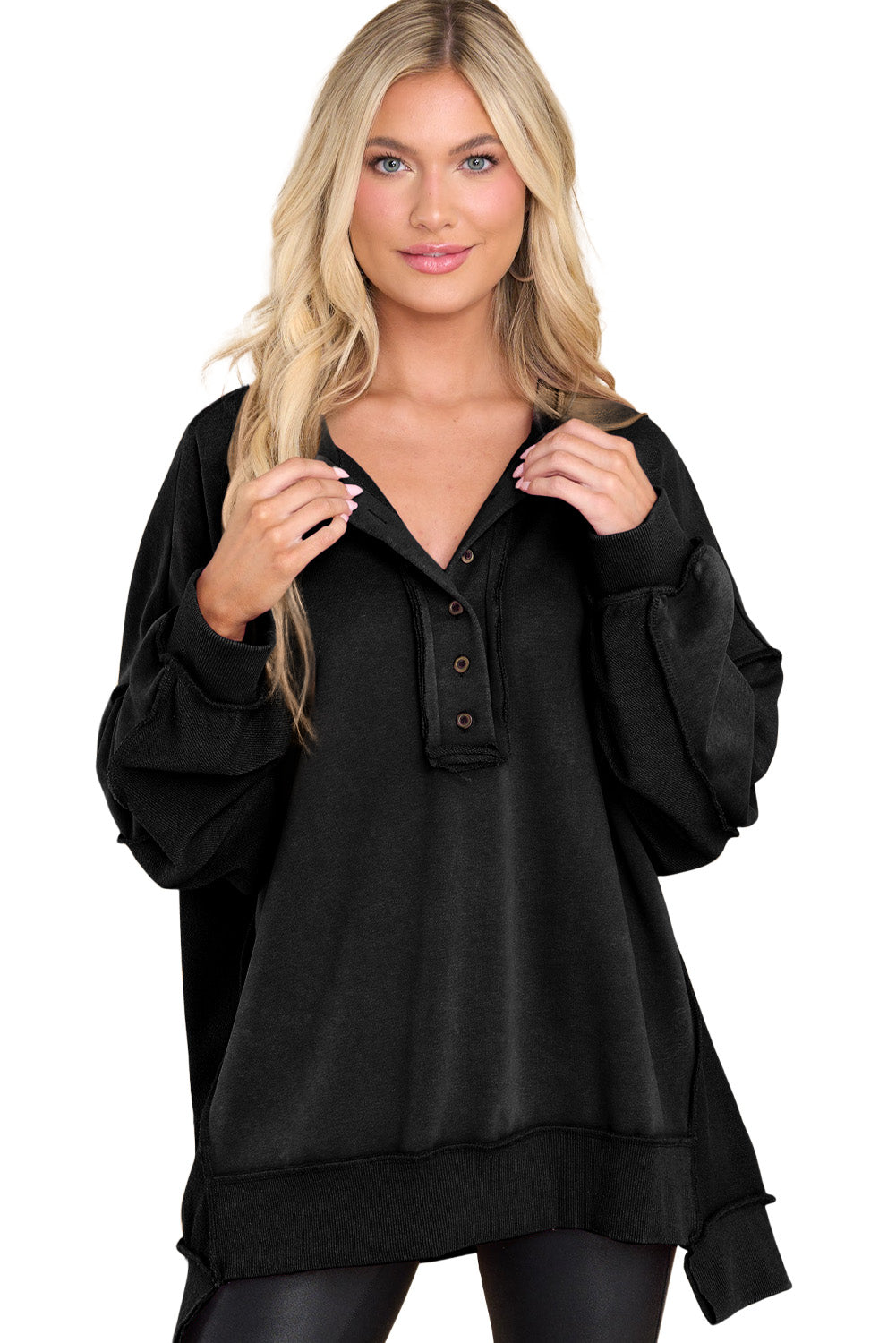 Green Patchwork Exposed Seam Oversized Henley Sweatshirt