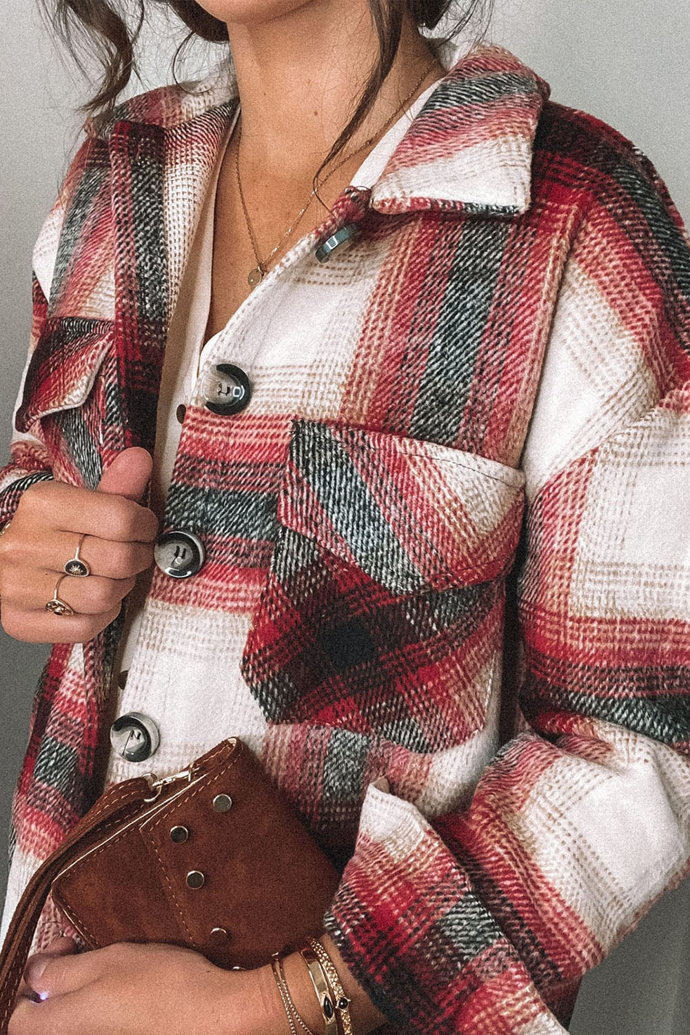 Red Plaid Turn Down Neck Pocket Buttoned Shacket