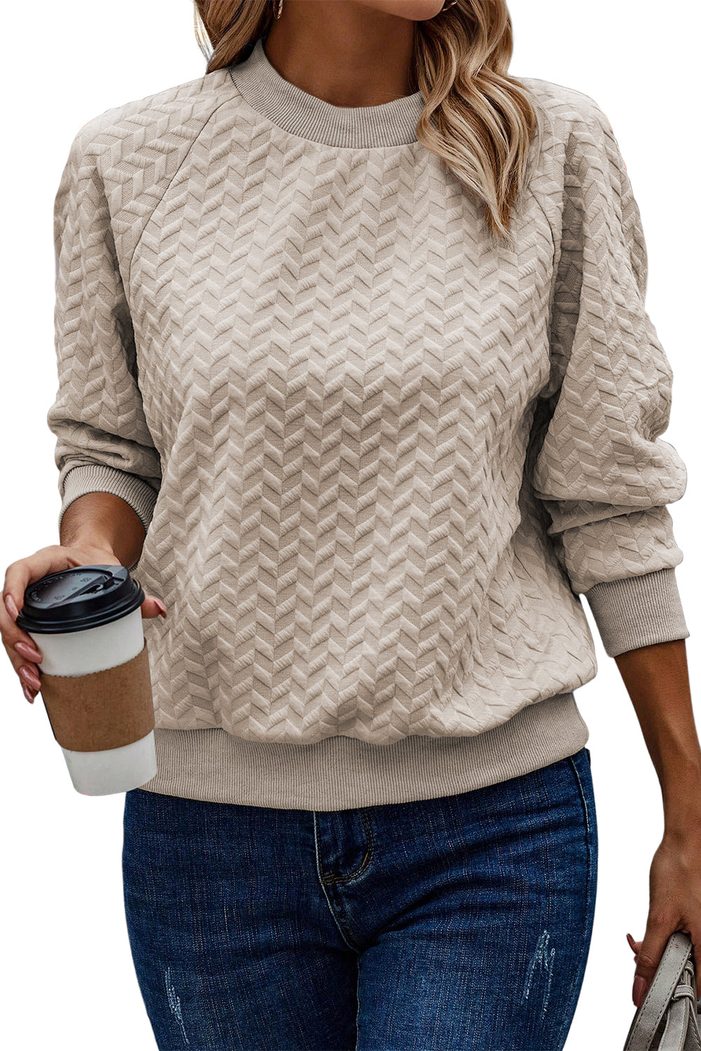 Chestnut Solid Color Textured Raglan Sleeve Pullover Sweatshirt