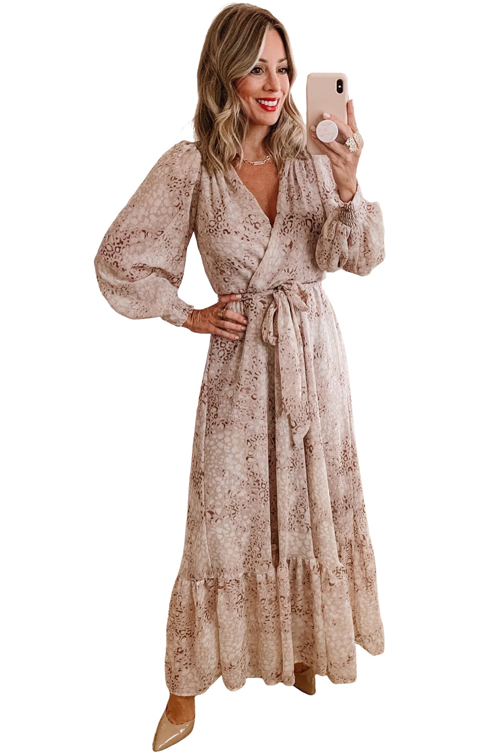 Leopard Surplice V Neck Bubble Sleeve Sash Maxi Dress