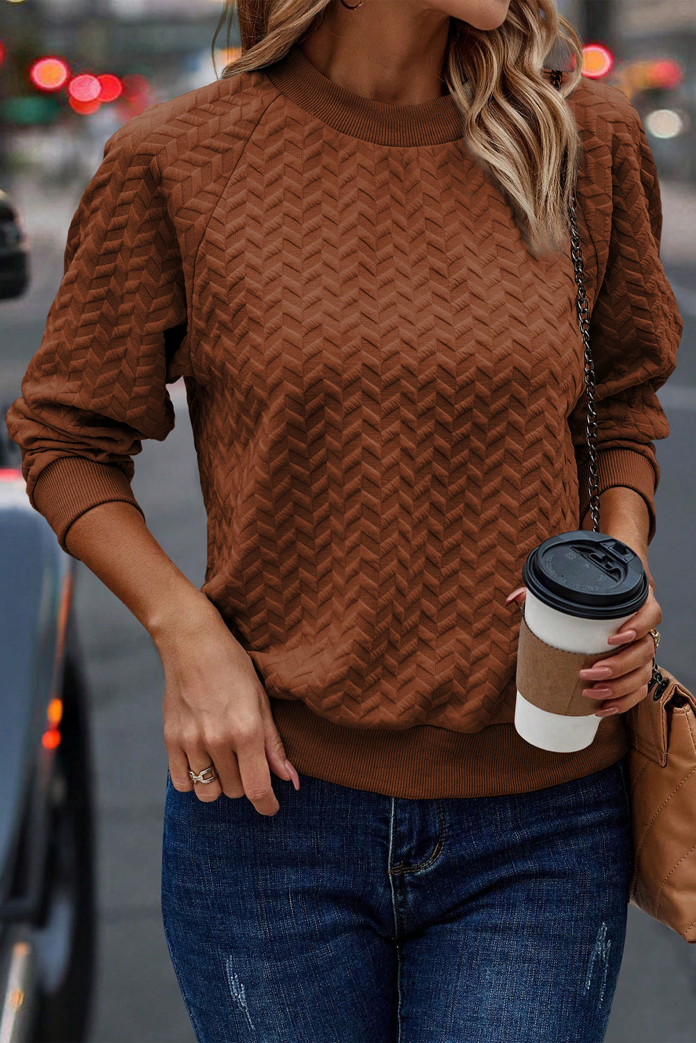 Chestnut Solid Color Textured Raglan Sleeve Pullover Sweatshirt