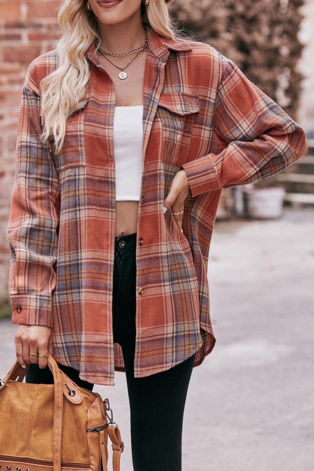 Multicolor Plaid Colorblock Button Up Shacket