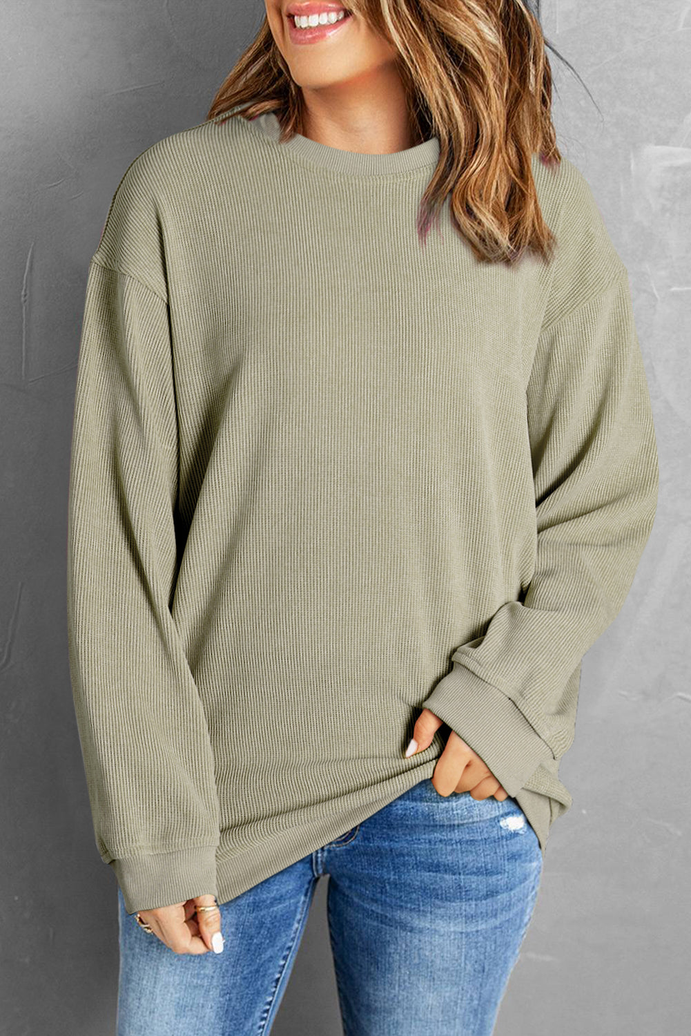 Plain Gray Solid Ribbed Knit Round Neck Pullover Sweatshirt