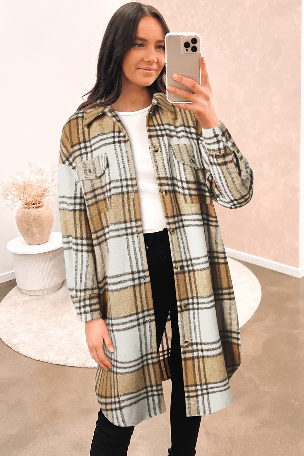 Khaki Colorblock Plaid Button Up Long Shacket