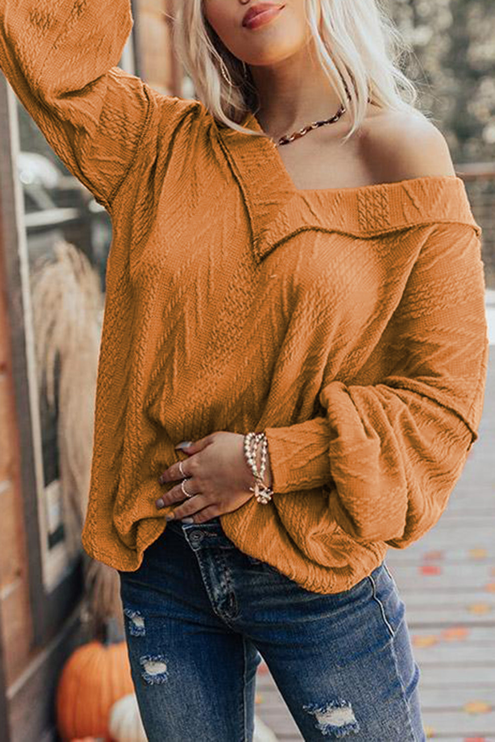 Orange Textured Casual V Neck Bishop Sleeve Top