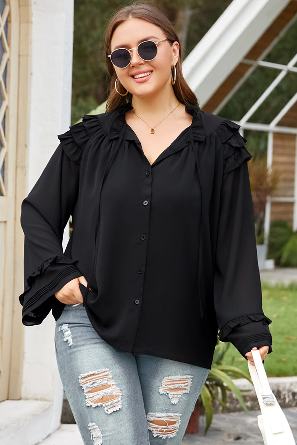 Black Tiered Ruffled Shoulder Buttoned Plus Size Blouse