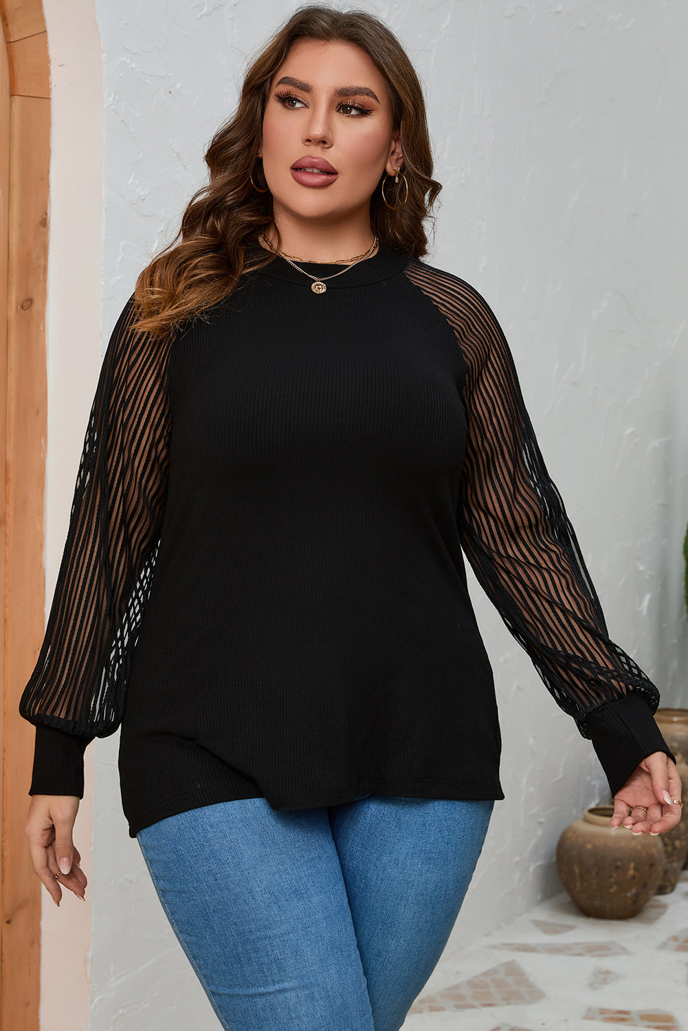 Black Ribbed Knit Sheer Striped Sleeve Plus Size Top