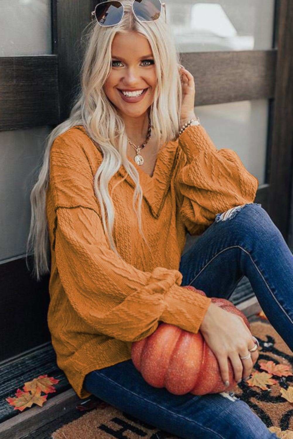 Orange Textured Casual V Neck Bishop Sleeve Top