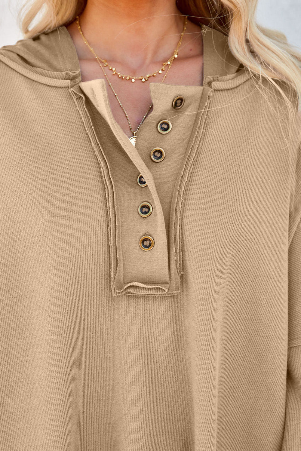 Light Blue Solid Patchwork Button Seam Trim Hoodie