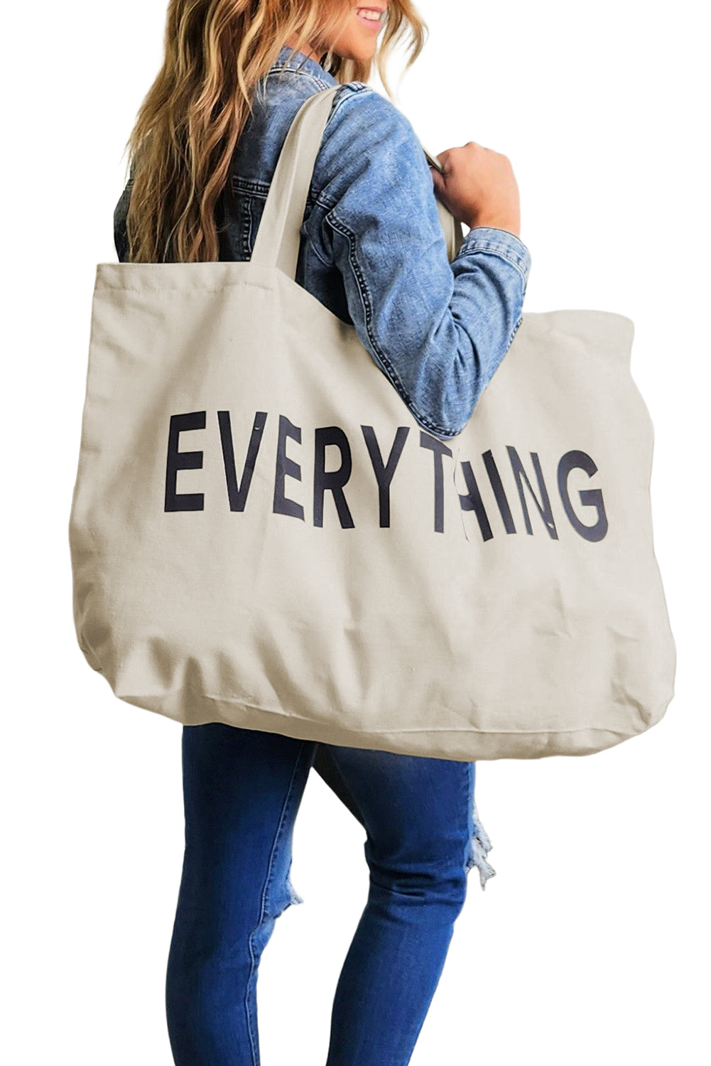 White 73x17x44cm EVERYTHING Letter Print Large Canvas Tote Bag