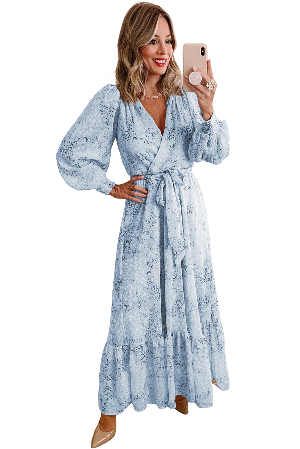 Leopard Surplice V Neck Bubble Sleeve Sash Maxi Dress