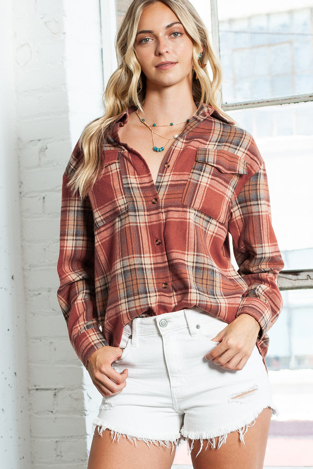 Multicolor Plaid Colorblock Button Up Shacket