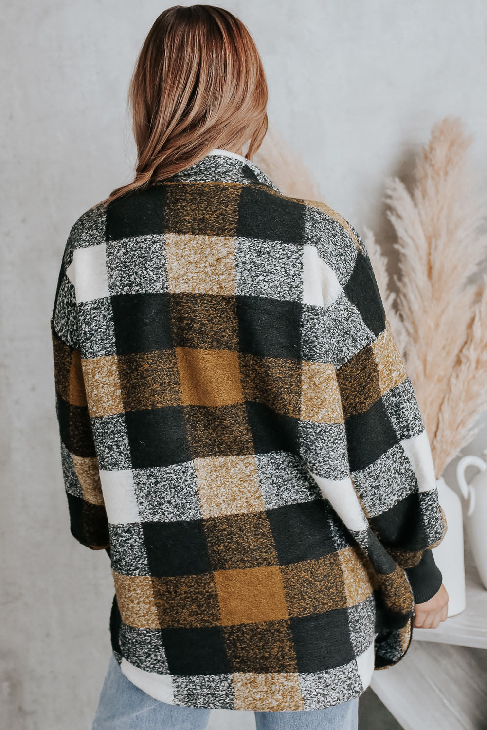 Black Plaid Colorblock Casual Pockets Zipper Coat