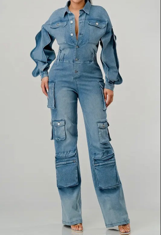 Premium Denim Cargo Jumpsuit