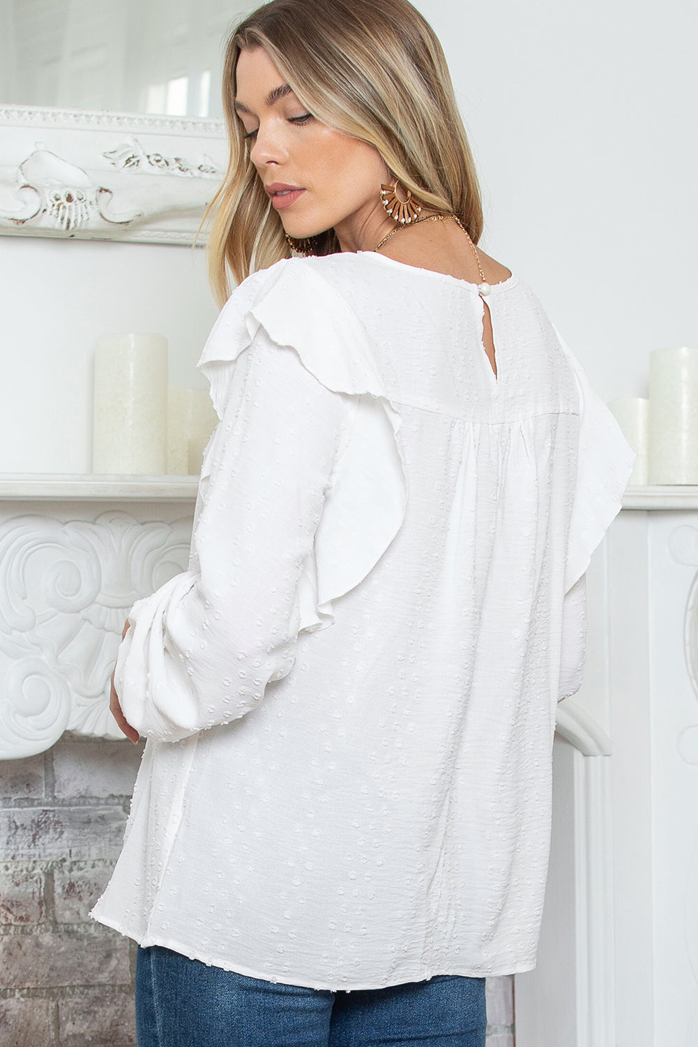 Bright White Swiss Dot Ruffle Shoulder Long Sleeve Blouse