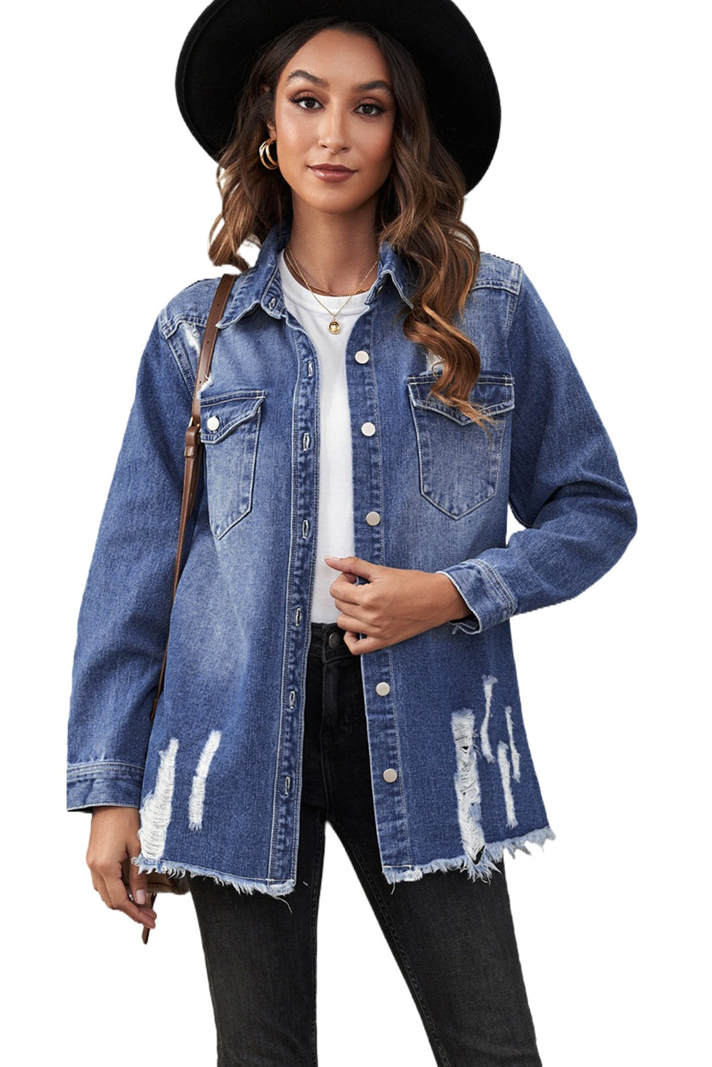 Dark Blue Flap Pocket Distressed Raw Hem Denim Jacket