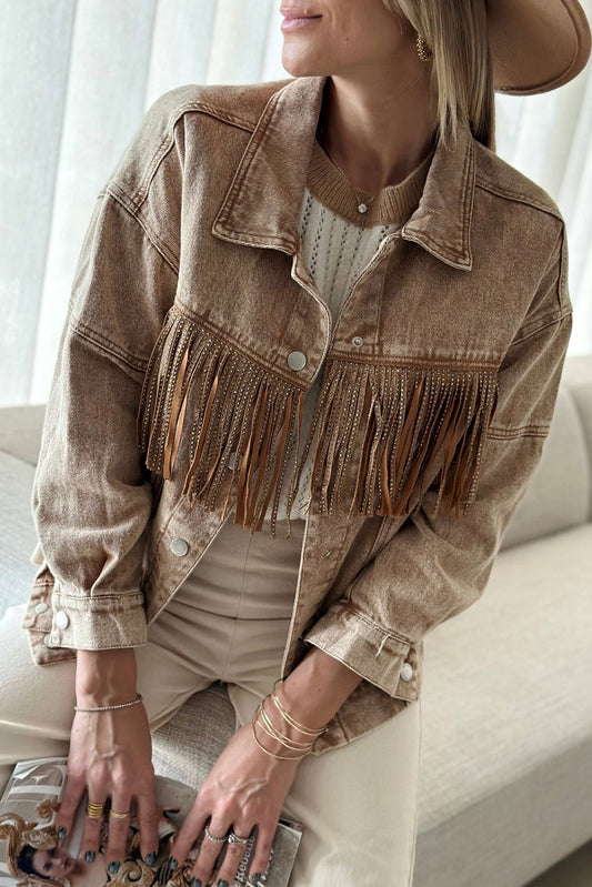 Brown Rhinestone Fringe Vintage Denim Jacket