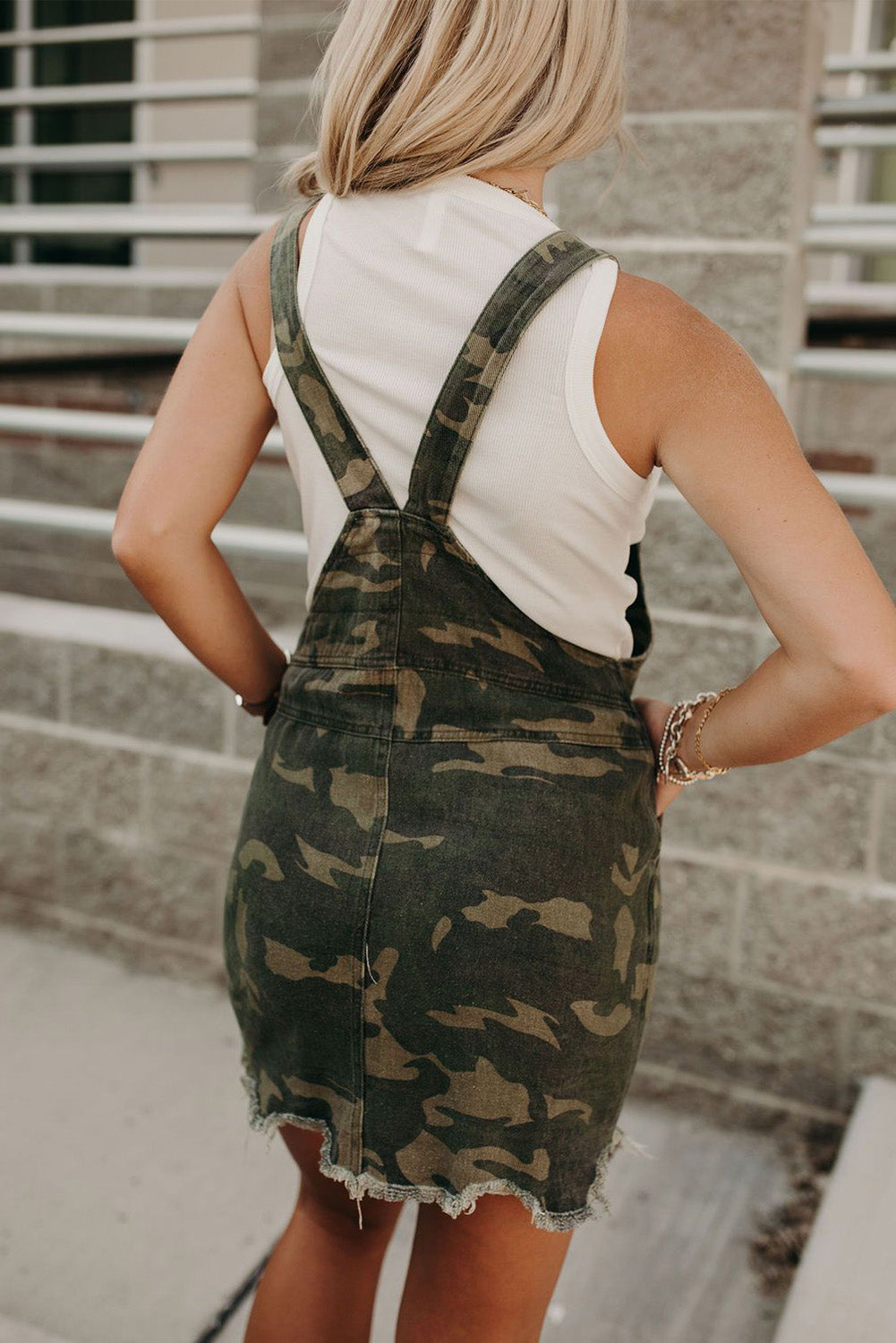 Green Camo Raw Hem Short Overall Dress