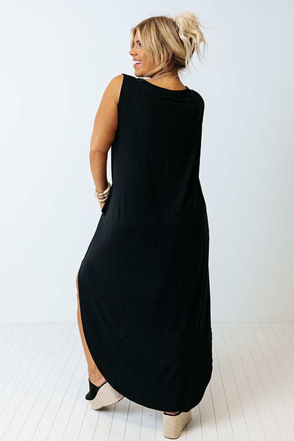 Black Plus Size Wide Sleeveless Shoulder Split Maxi Tank Dress