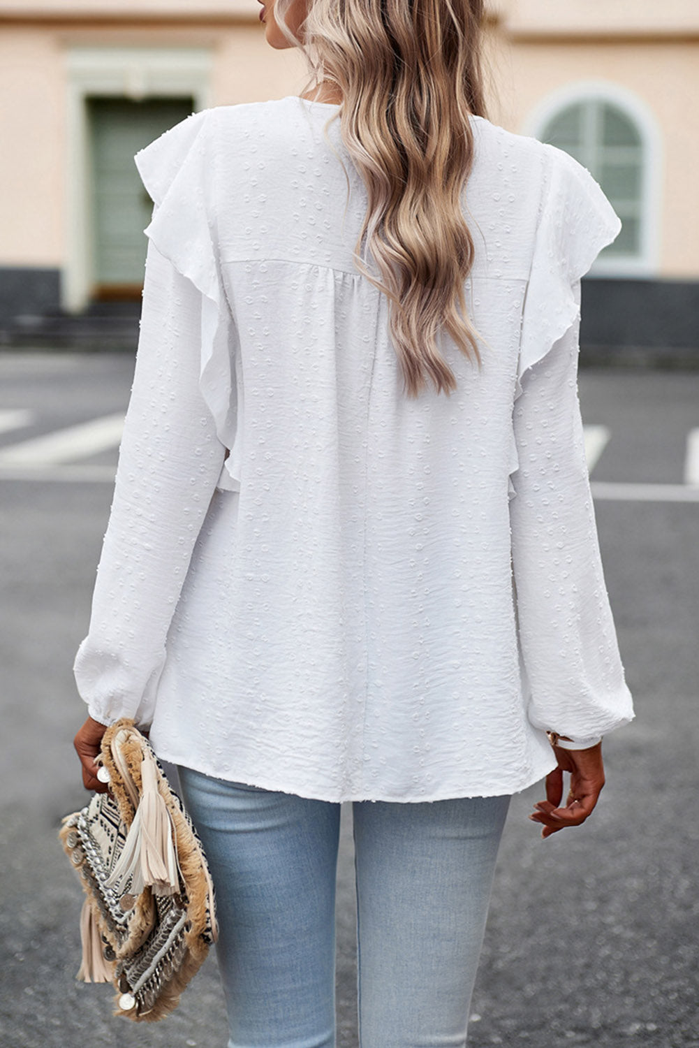 Bright White Swiss Dot Ruffle Shoulder Long Sleeve Blouse