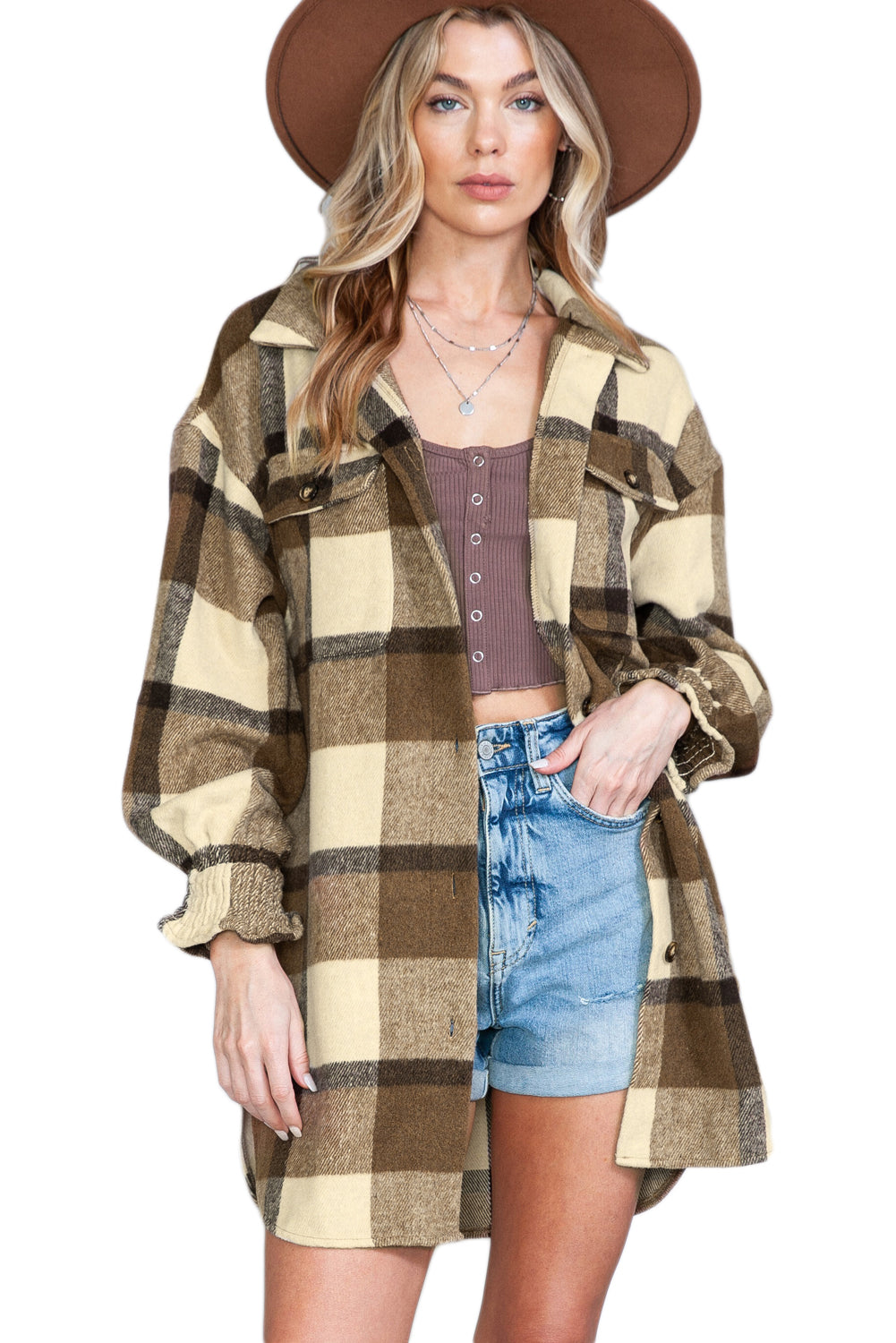 Brown Plaid Flap Pocket Smocked Cuff Shacket