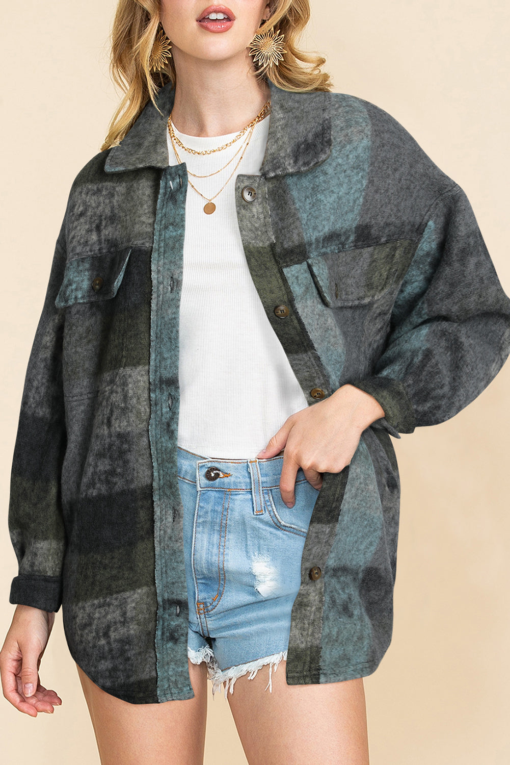 Multicolor Brushed Plaid Pocketed Oversize Shacket