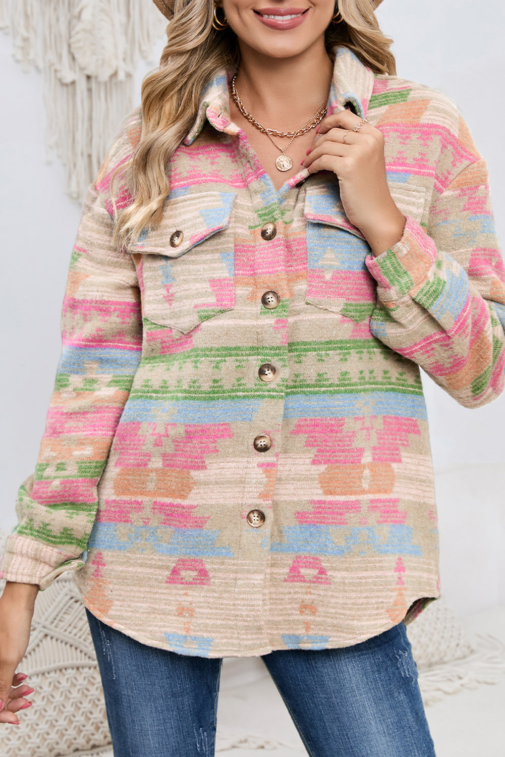 Multicolor Button Up Flap Pockets Geometric Jacket for Women