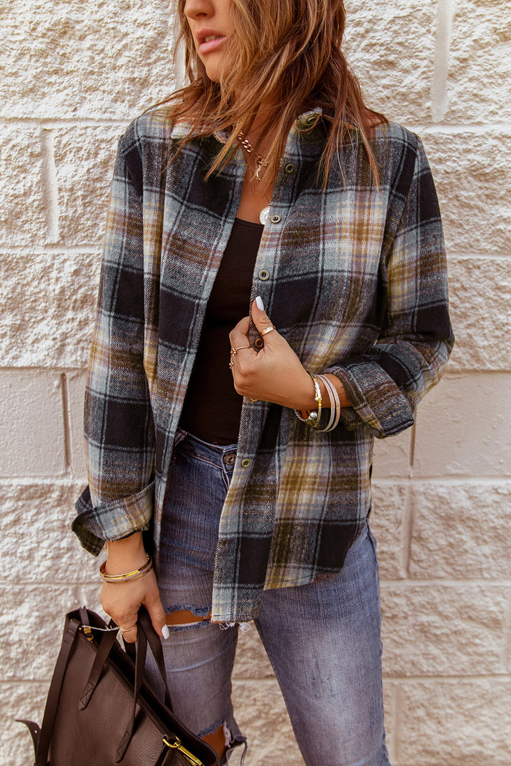 Grey Plaid Collared Split Button Up Shacket